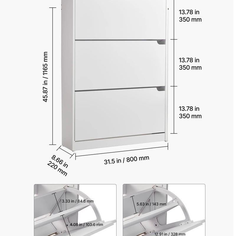 VEVOR apavu skapis ar 3 atveramām atvilktnēm, moderns brīvi stāvošs apavu uzglabāšanas skapis ar pretapgāšanās stiprinājumu, piemērots priekšnamam, gaitenim, guļamistabai, viesistabai un garderobei, balts