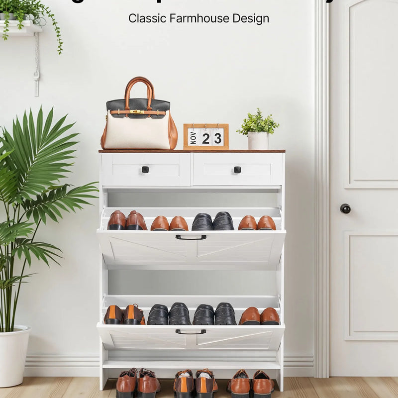 VEVOR apavu skapis ar 2 atveramām atvilktnēm, brīvi stāvošs lauku stila apavu uzglabāšanas skapis ar apgāšanās novēršanas mehānismu, piemērots priekšnamam, gaitenim, guļamistabai un viesistabai, balts