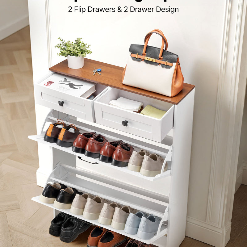 VEVOR apavu skapis ar 2 atveramām atvilktnēm, brīvi stāvošs lauku stila apavu uzglabāšanas skapis ar apgāšanās novēršanas mehānismu, piemērots priekšnamam, gaitenim, guļamistabai un viesistabai, balts