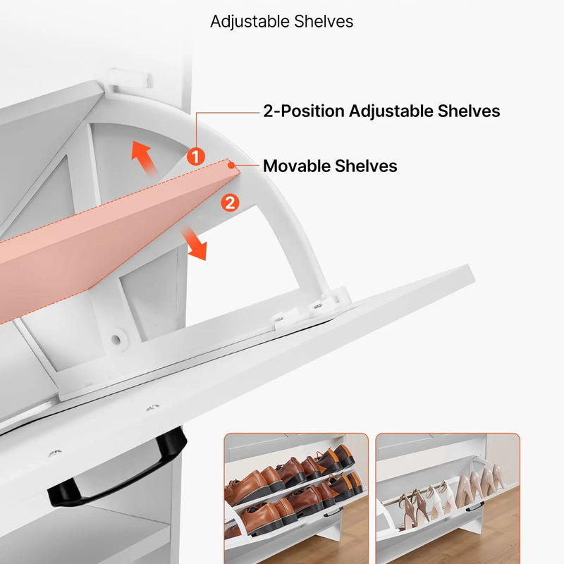 VEVOR apavu skapis ar 2 atveramām atvilktnēm, brīvi stāvošs lauku stila apavu uzglabāšanas skapis ar apgāšanās novēršanas mehānismu, piemērots priekšnamam, gaitenim, guļamistabai un viesistabai, balts