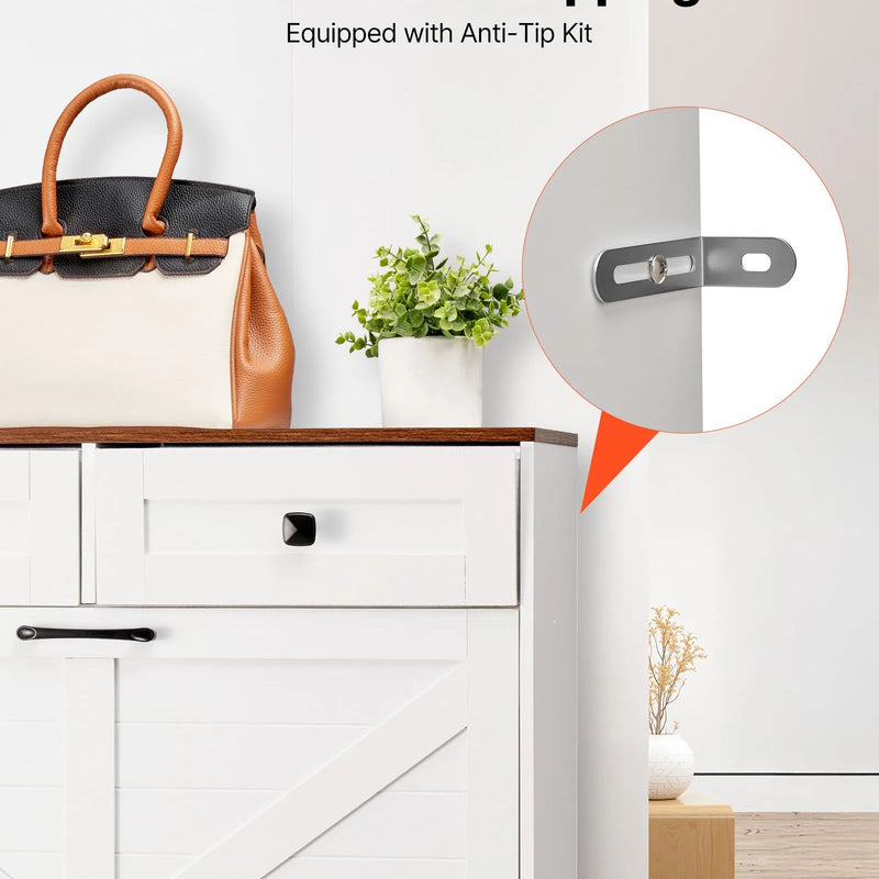 VEVOR apavu skapis ar 2 atveramām atvilktnēm, brīvi stāvošs lauku stila apavu uzglabāšanas skapis ar apgāšanās novēršanas mehānismu, piemērots priekšnamam, gaitenim, guļamistabai un viesistabai, balts