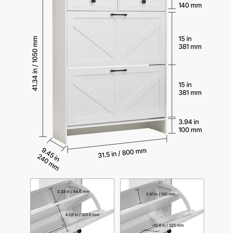 VEVOR apavu skapis ar 2 atveramām atvilktnēm, brīvi stāvošs lauku stila apavu uzglabāšanas skapis ar apgāšanās novēršanas mehānismu, piemērots priekšnamam, gaitenim, guļamistabai un viesistabai, balts