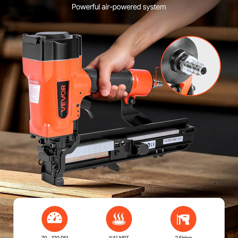 VEVOR pneimatiskā skavu pistole, 16 G (1,6 mm) skavas ar 26,4 mm platu galvu, garums 16-38 mm, darba spiediens 4,8-8,3 bar, divi šaušanas režīmi, piemērota jumtu klāšanai, sienu apšuvumam, žogiem un grīdu pamatnei