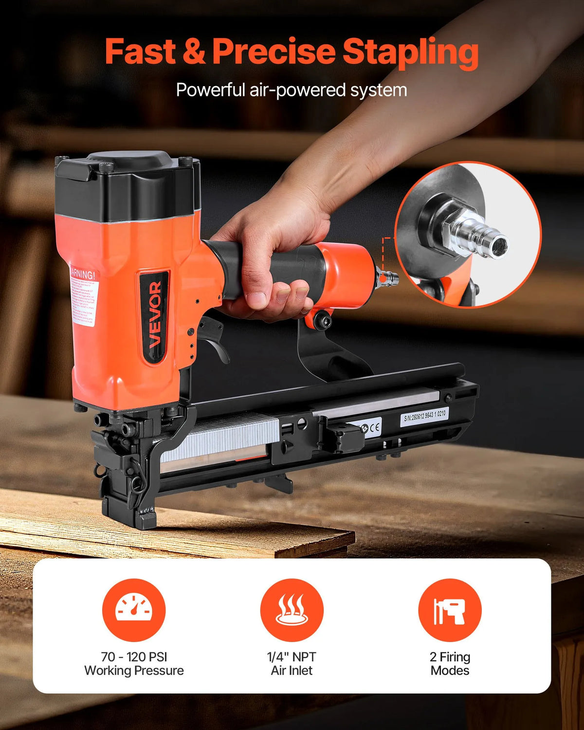 VEVOR Pneumatic Staple Gun 16G Wide Staples 26.4 mm, 16–38 mm, 4.8–8.3 bar, for Roofing and Cladding