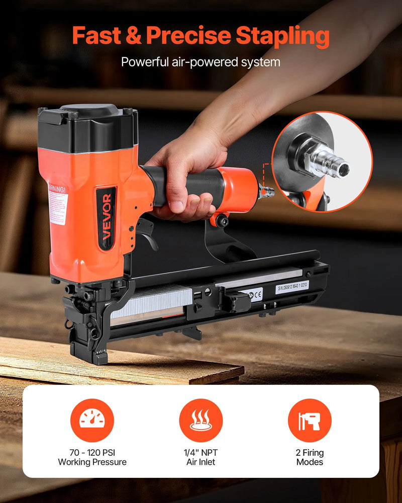 VEVOR pneimatiskā skavu pistole, 16 G (1,6 mm) skavas ar 26,4 mm platu galvu, garums 16-38 mm, darba spiediens 4,8-8,3 bar, divi šaušanas režīmi, piemērota jumtu klāšanai, sienu apšuvumam, žogiem un grīdu pamatnei