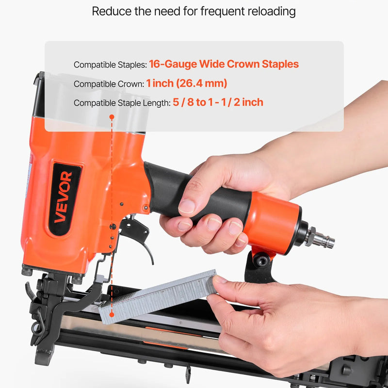 VEVOR pneimatiskā skavu pistole, 16 G (1,6 mm) skavas ar 26,4 mm platu galvu, garums 16-38 mm, darba spiediens 4,8-8,3 bar, divi šaušanas režīmi, piemērota jumtu klāšanai, sienu apšuvumam, žogiem un grīdu pamatnei
