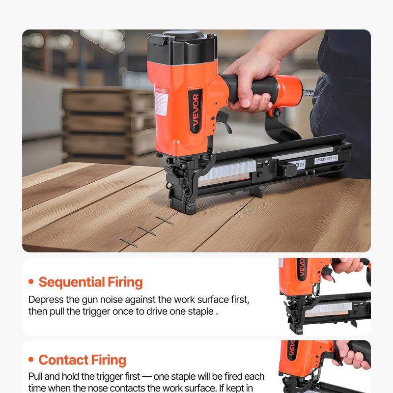 VEVOR pneimatiskā skavu pistole, 16 G (1,6 mm) skavas ar 26,4 mm platu galvu, garums 16-38 mm, darba spiediens 4,8-8,3 bar, divi šaušanas režīmi, piemērota jumtu klāšanai, sienu apšuvumam, žogiem un grīdu pamatnei