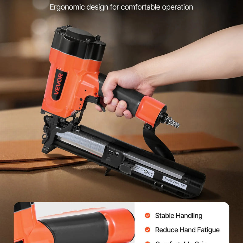 VEVOR pneimatiskā skavu pistole, 16 G (1,6 mm) skavas ar 26,4 mm platu galvu, garums 16-38 mm, darba spiediens 4,8-8,3 bar, divi šaušanas režīmi, piemērota jumtu klāšanai, sienu apšuvumam, žogiem un grīdu pamatnei