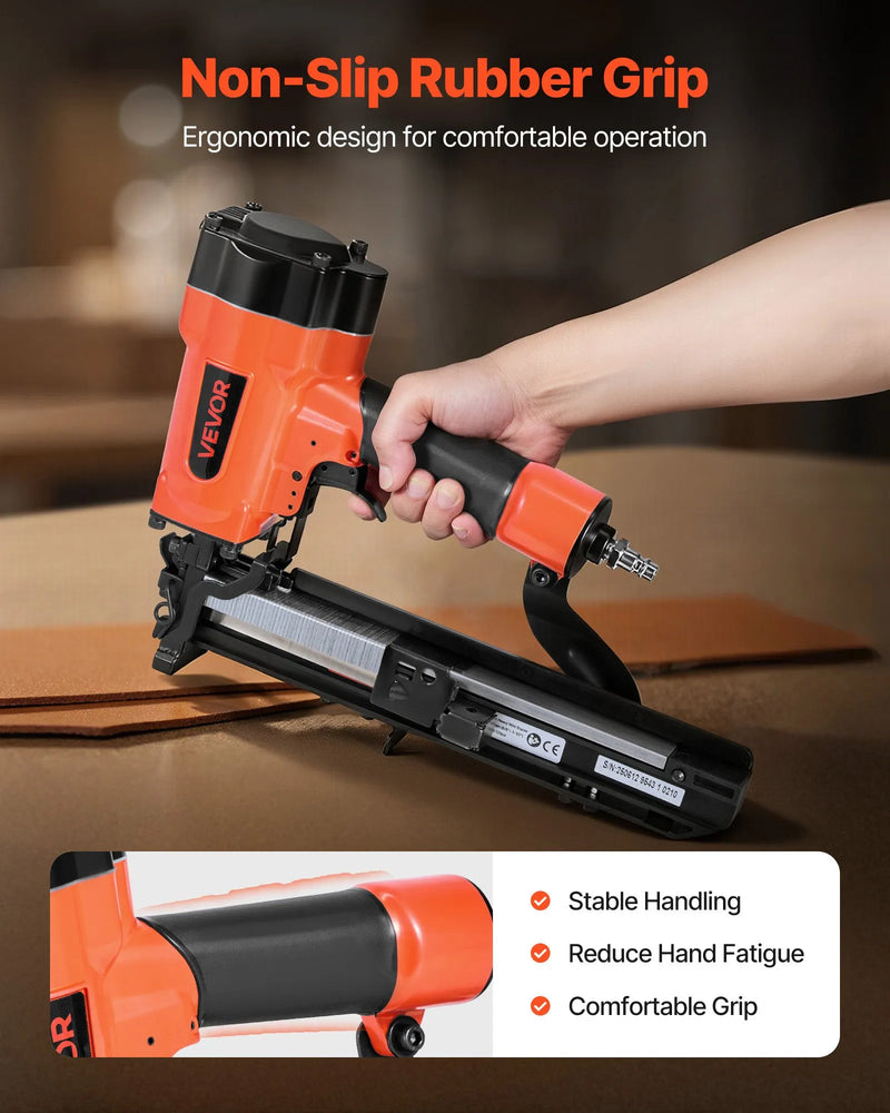 VEVOR pneimatiskā skavu pistole, 16 G (1,6 mm) skavas ar 26,4 mm platu galvu, garums 16-38 mm, darba spiediens 4,8-8,3 bar, divi šaušanas režīmi, piemērota jumtu klāšanai, sienu apšuvumam, žogiem un grīdu pamatnei