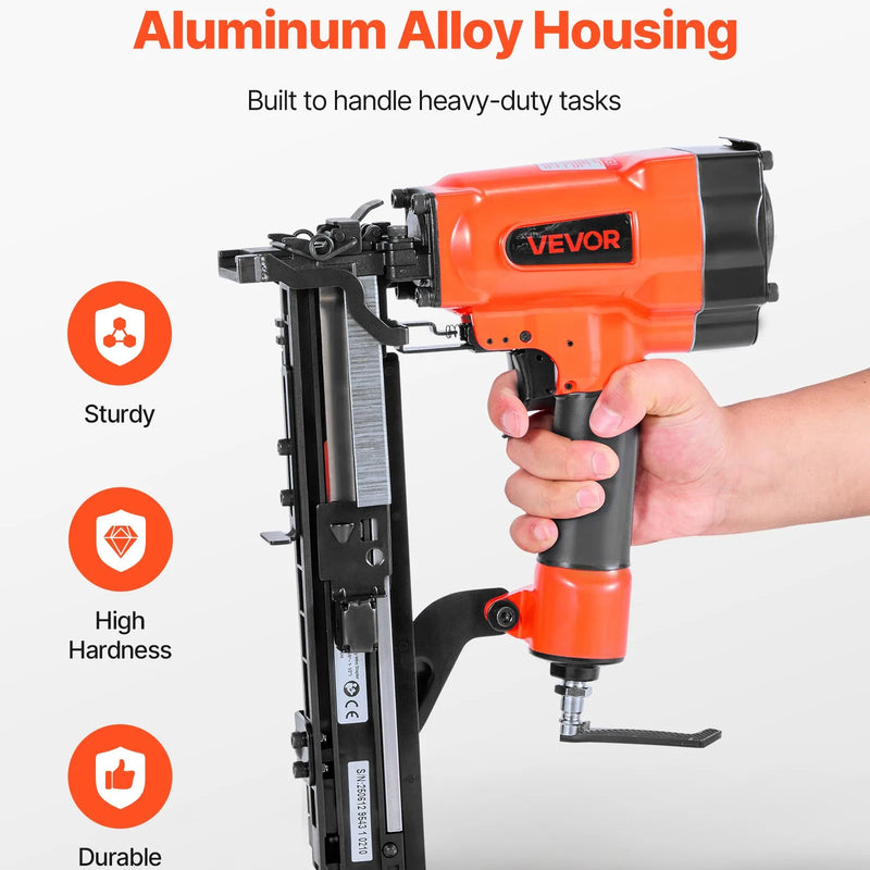 VEVOR pneimatiskā skavu pistole, 16 G (1,6 mm) skavas ar 26,4 mm platu galvu, garums 16-38 mm, darba spiediens 4,8-8,3 bar, divi šaušanas režīmi, piemērota jumtu klāšanai, sienu apšuvumam, žogiem un grīdu pamatnei