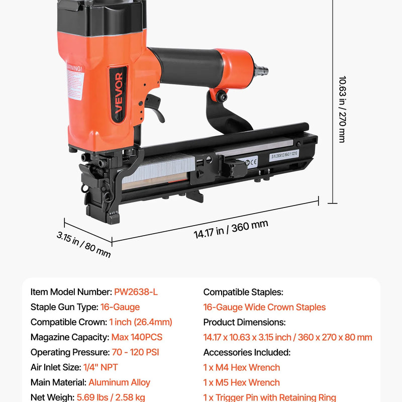 VEVOR pneimatiskā skavu pistole, 16 G (1,6 mm) skavas ar 26,4 mm platu galvu, garums 16-38 mm, darba spiediens 4,8-8,3 bar, divi šaušanas režīmi, piemērota jumtu klāšanai, sienu apšuvumam, žogiem un grīdu pamatnei