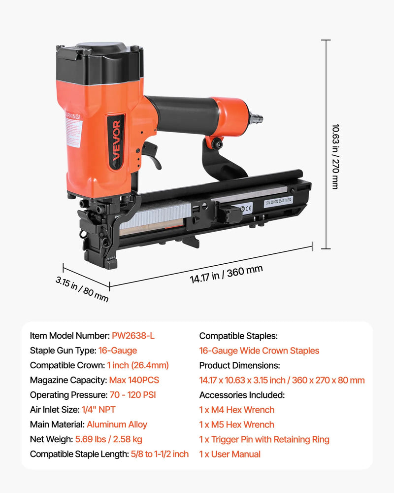 VEVOR pneimatiskā skavu pistole, 16 G (1,6 mm) skavas ar 26,4 mm platu galvu, garums 16-38 mm, darba spiediens 4,8-8,3 bar, divi šaušanas režīmi, piemērota jumtu klāšanai, sienu apšuvumam, žogiem un grīdu pamatnei