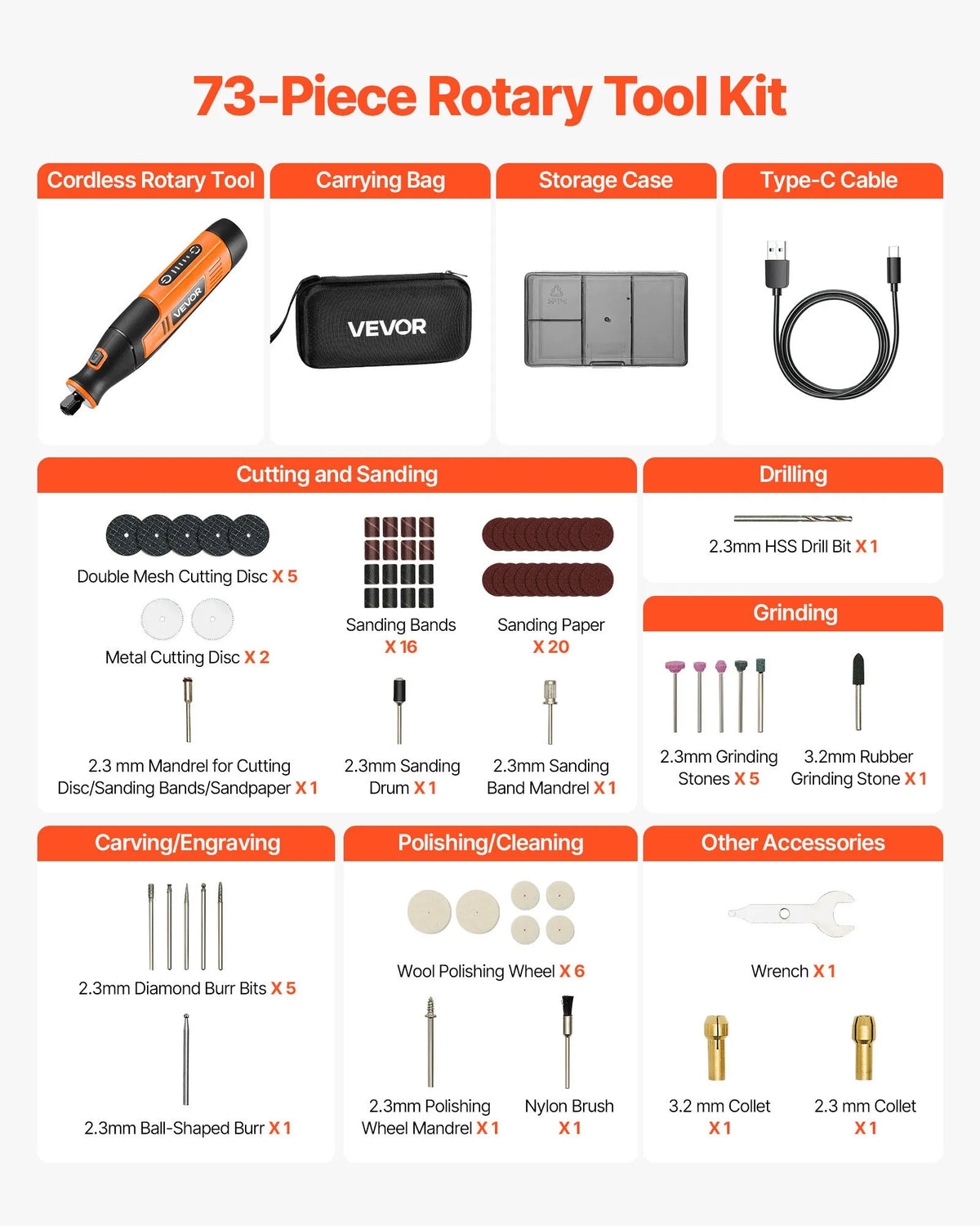 VEVOR 73-Piece Cordless DC 4V Mini Rotary Tool with 5 Speeds (7000–20000 RPM) for Engraving, Grinding, Polishing, Scraping, Cutting and Crafts