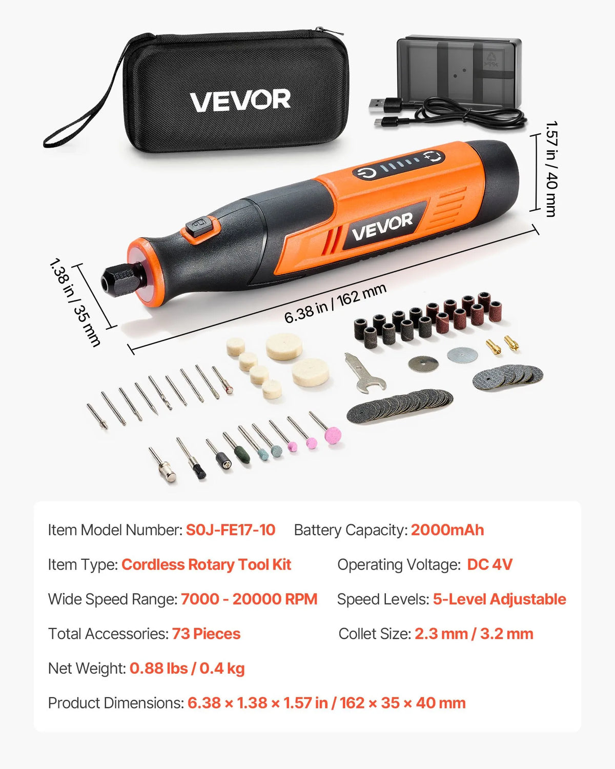 VEVOR 73-Piece Cordless DC 4V Mini Rotary Tool with 5 Speeds (7000–20000 RPM) for Engraving, Grinding, Polishing, Scraping, Cutting and Crafts