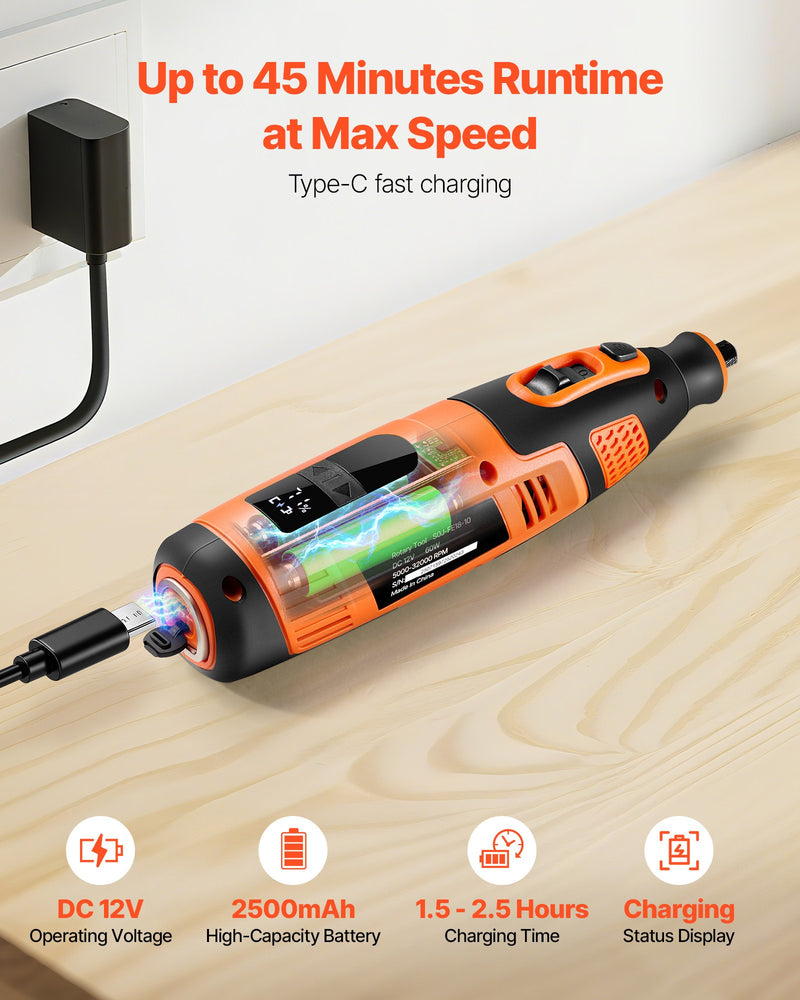 VEVOR 119 daļu bezvadu DC 12 V mini rotācijas instruments ar 28 ātrumiem (5000–32000 apgr./min.) gravēšanai, slīpēšanai, pulēšanai, grebšanai, griešanai un rokdarbiem