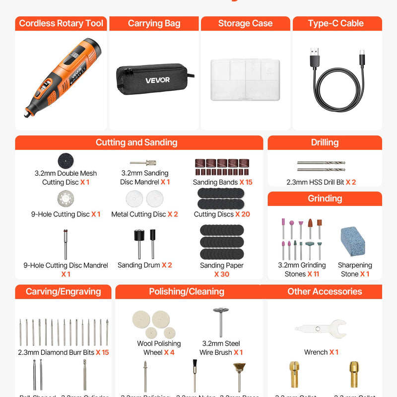 VEVOR 119 daļu bezvadu DC 12 V mini rotācijas instruments ar 28 ātrumiem (5000–32000 apgr./min.) gravēšanai, slīpēšanai, pulēšanai, grebšanai, griešanai un rokdarbiem