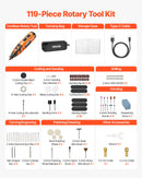 VEVOR 119 daļu bezvadu DC 12 V mini rotācijas instruments ar 28 ātrumiem (5000–32000 apgr./min.) gravēšanai, slīpēšanai, pulēšanai, grebšanai, griešanai un rokdarbiem