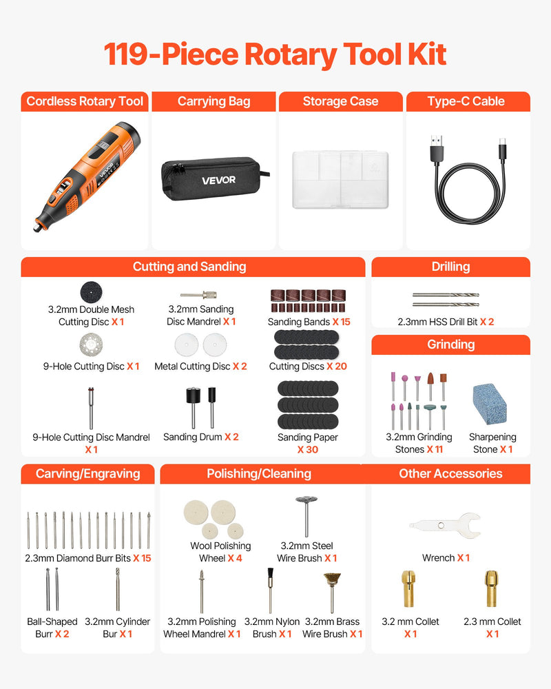 VEVOR 119 daļu bezvadu DC 12 V mini rotācijas instruments ar 28 ātrumiem (5000–32000 apgr./min.) gravēšanai, slīpēšanai, pulēšanai, grebšanai, griešanai un rokdarbiem