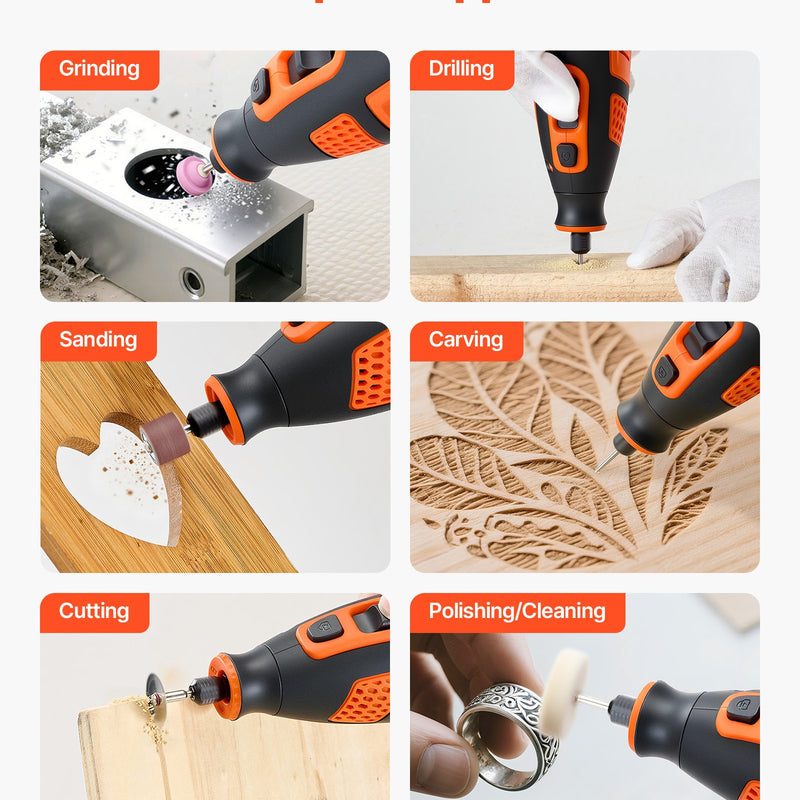 VEVOR 119 daļu bezvadu DC 12 V mini rotācijas instruments ar 28 ātrumiem (5000–32000 apgr./min.) gravēšanai, slīpēšanai, pulēšanai, grebšanai, griešanai un rokdarbiem