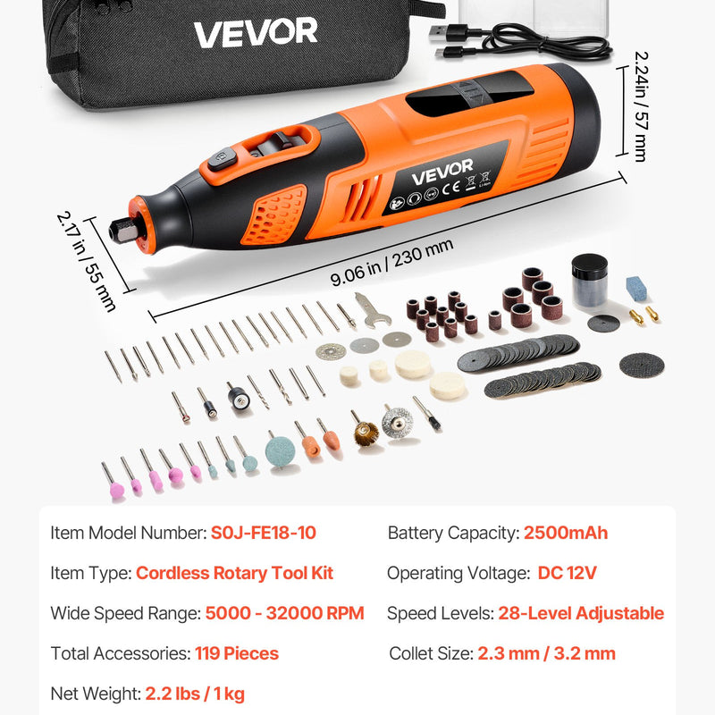 VEVOR 119 daļu bezvadu DC 12 V mini rotācijas instruments ar 28 ātrumiem (5000–32000 apgr./min.) gravēšanai, slīpēšanai, pulēšanai, grebšanai, griešanai un rokdarbiem