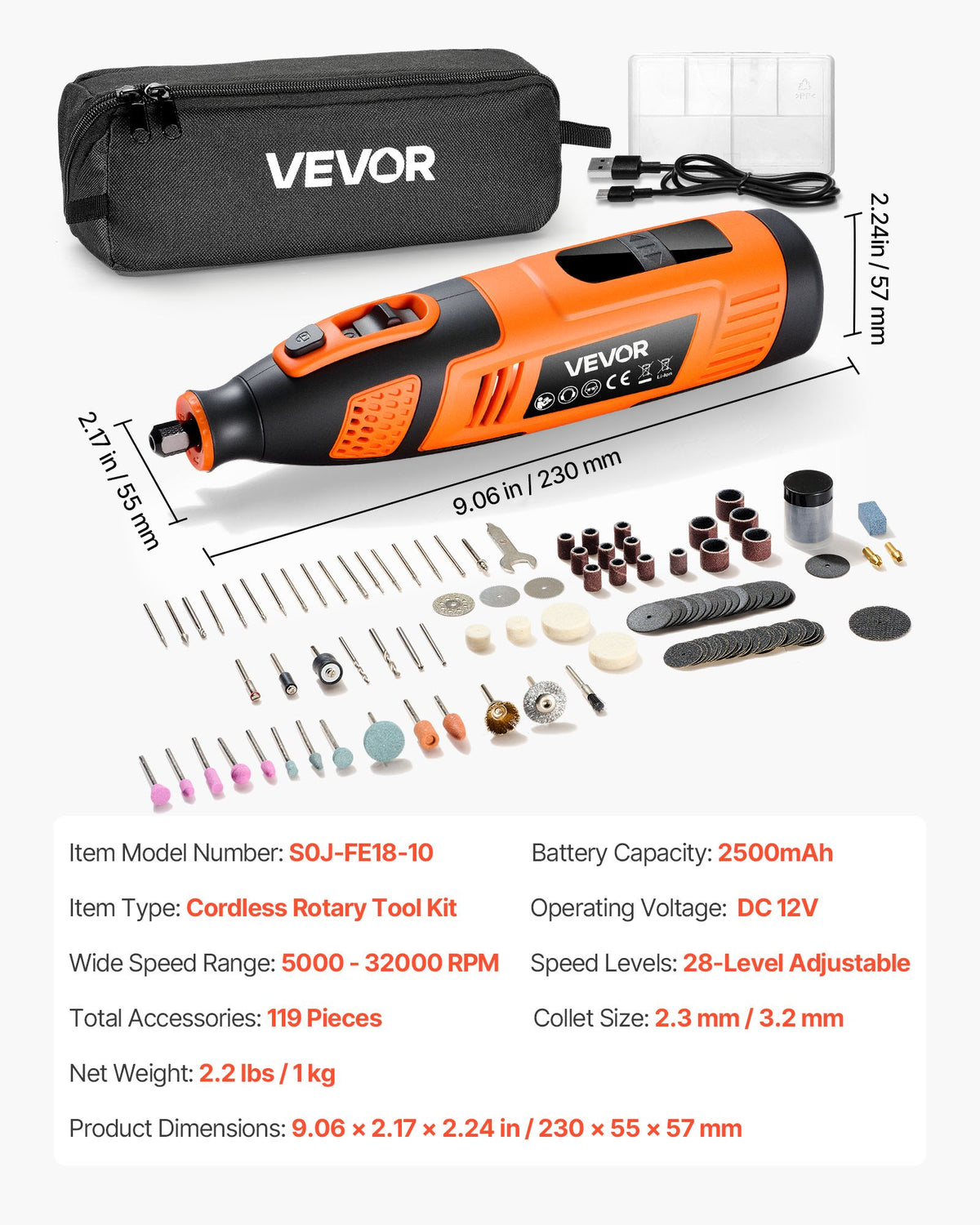 VEVOR 119-Piece Cordless DC 12V Mini Rotary Tool with 28 Speeds (5000–32000 RPM) for Engraving, Grinding, Polishing, Scraping, Cutting and Crafts