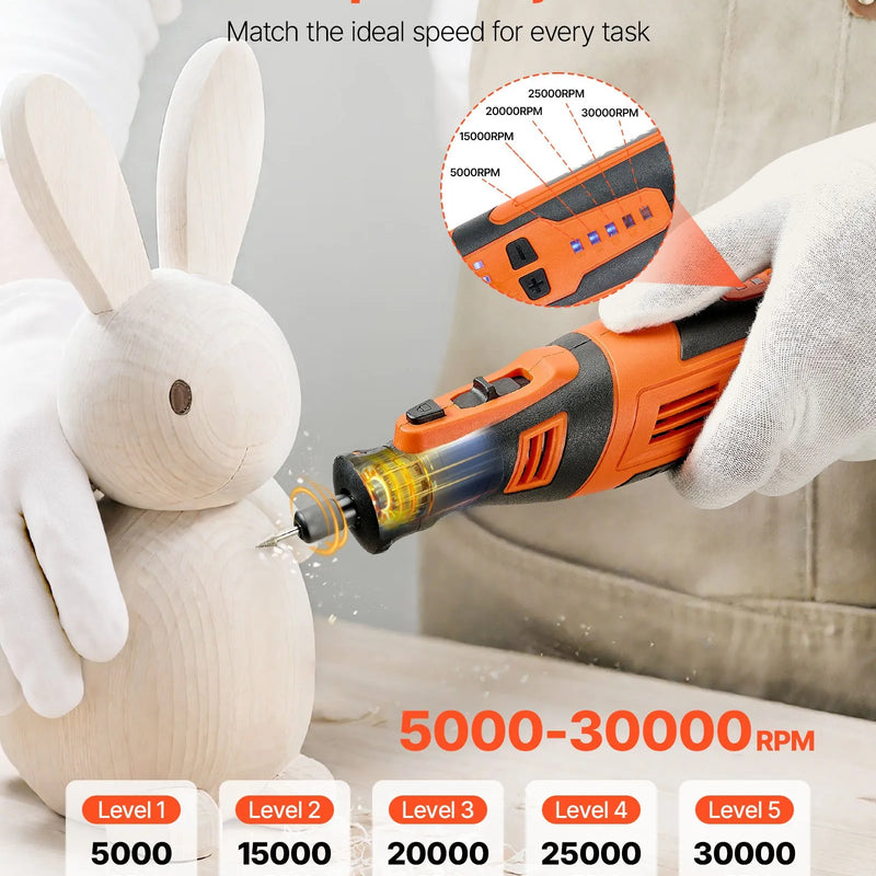 VEVOR 136 daļu bezvadu DC 8 V mini rotācijas instruments ar 5 ātrumiem (5000–30000 apgr./min.) gravēšanai, slīpēšanai, pulēšanai, grebšanai, asināšanai, griešanai un rokdarbiem