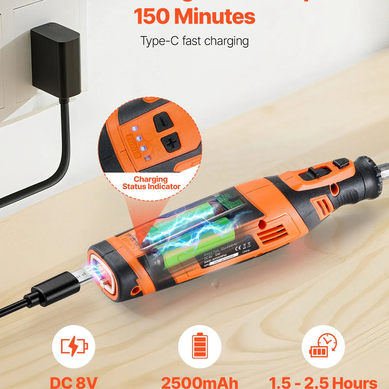 VEVOR 136 daļu bezvadu DC 8 V mini rotācijas instruments ar 5 ātrumiem (5000–30000 apgr./min.) gravēšanai, slīpēšanai, pulēšanai, grebšanai, asināšanai, griešanai un rokdarbiem