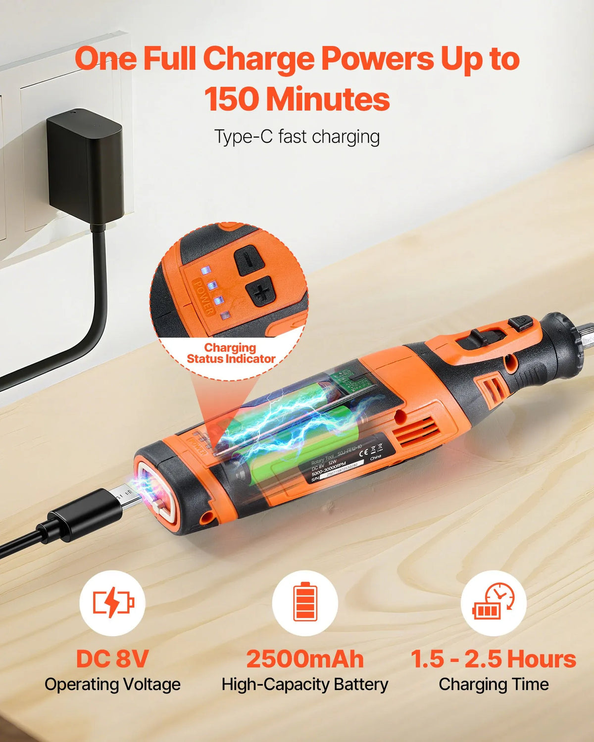 VEVOR 136-Piece Cordless DC 8V Mini Rotary Tool with 5 Speeds (5000–30000 RPM) for Engraving, Grinding, Polishing, Scraping, Sharpening, Cutting and Crafts