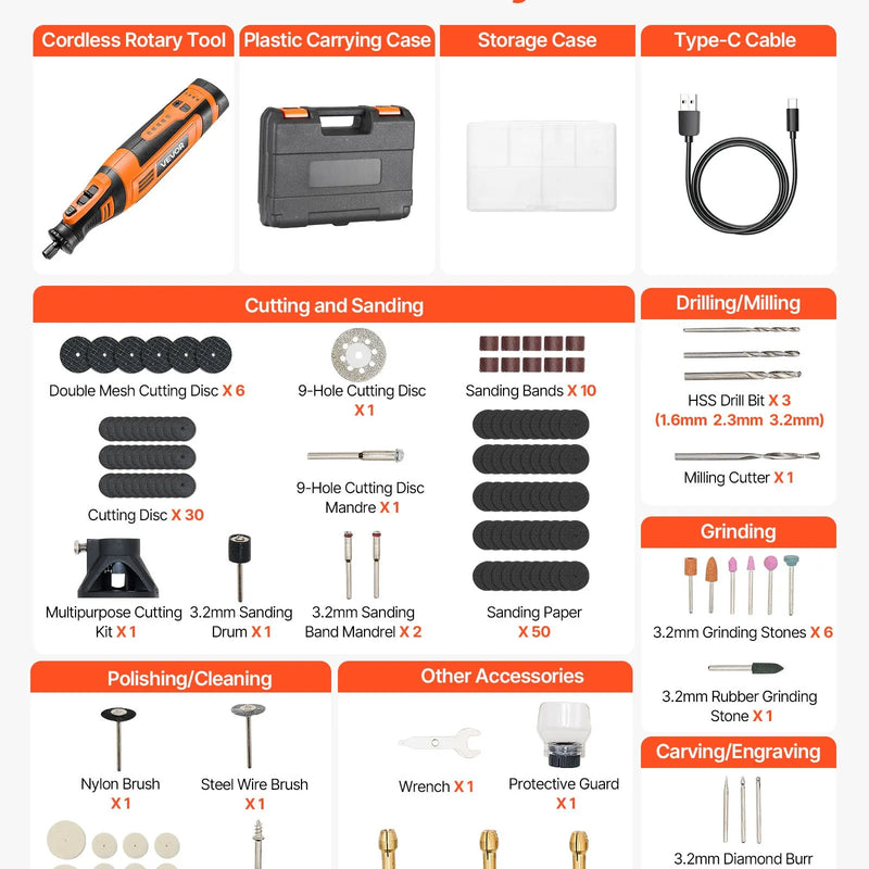 VEVOR 136 daļu bezvadu DC 8 V mini rotācijas instruments ar 5 ātrumiem (5000–30000 apgr./min.) gravēšanai, slīpēšanai, pulēšanai, grebšanai, asināšanai, griešanai un rokdarbiem