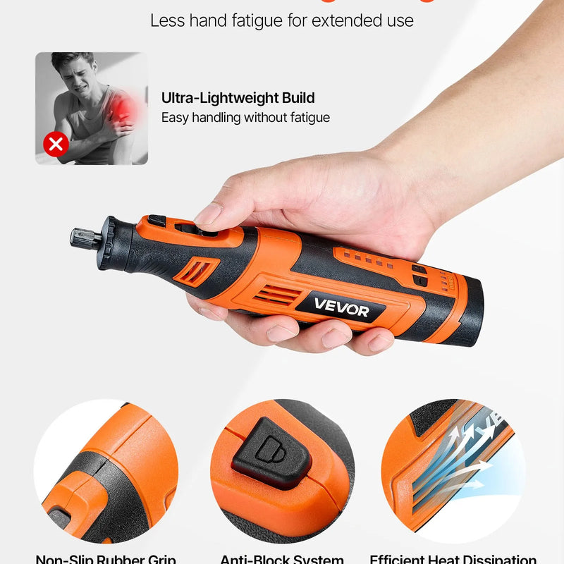 VEVOR 136 daļu bezvadu DC 8 V mini rotācijas instruments ar 5 ātrumiem (5000–30000 apgr./min.) gravēšanai, slīpēšanai, pulēšanai, grebšanai, asināšanai, griešanai un rokdarbiem