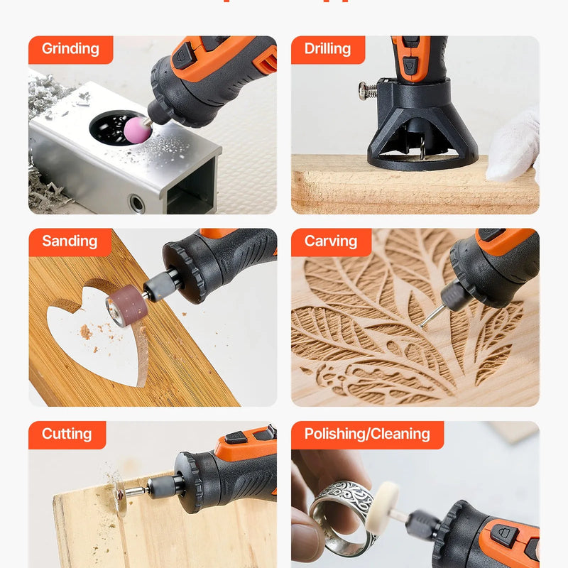 VEVOR 136 daļu bezvadu DC 8 V mini rotācijas instruments ar 5 ātrumiem (5000–30000 apgr./min.) gravēšanai, slīpēšanai, pulēšanai, grebšanai, asināšanai, griešanai un rokdarbiem