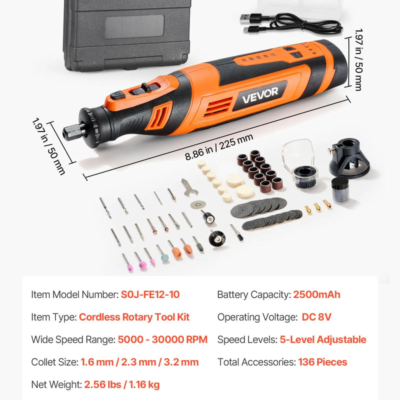 VEVOR 136 daļu bezvadu DC 8 V mini rotācijas instruments ar 5 ātrumiem (5000–30000 apgr./min.) gravēšanai, slīpēšanai, pulēšanai, grebšanai, asināšanai, griešanai un rokdarbiem