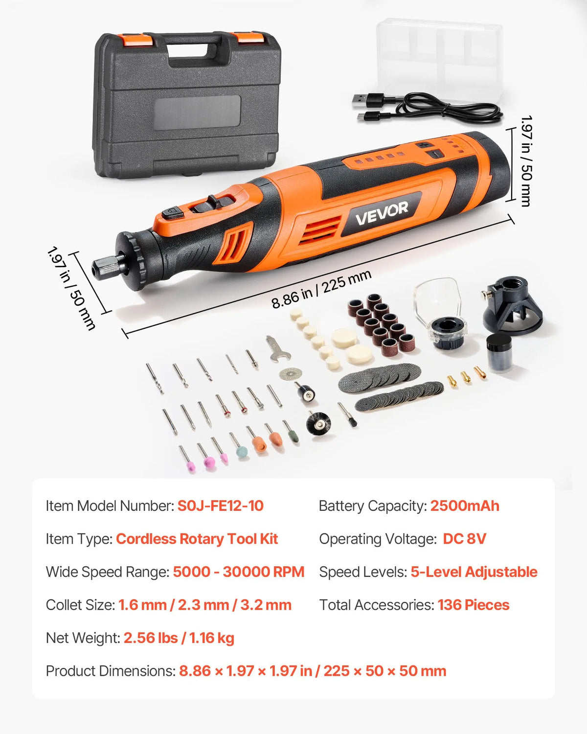 VEVOR 136-Piece Cordless DC 8V Mini Rotary Tool with 5 Speeds (5000–30000 RPM) for Engraving, Grinding, Polishing, Scraping, Sharpening, Cutting and Crafts