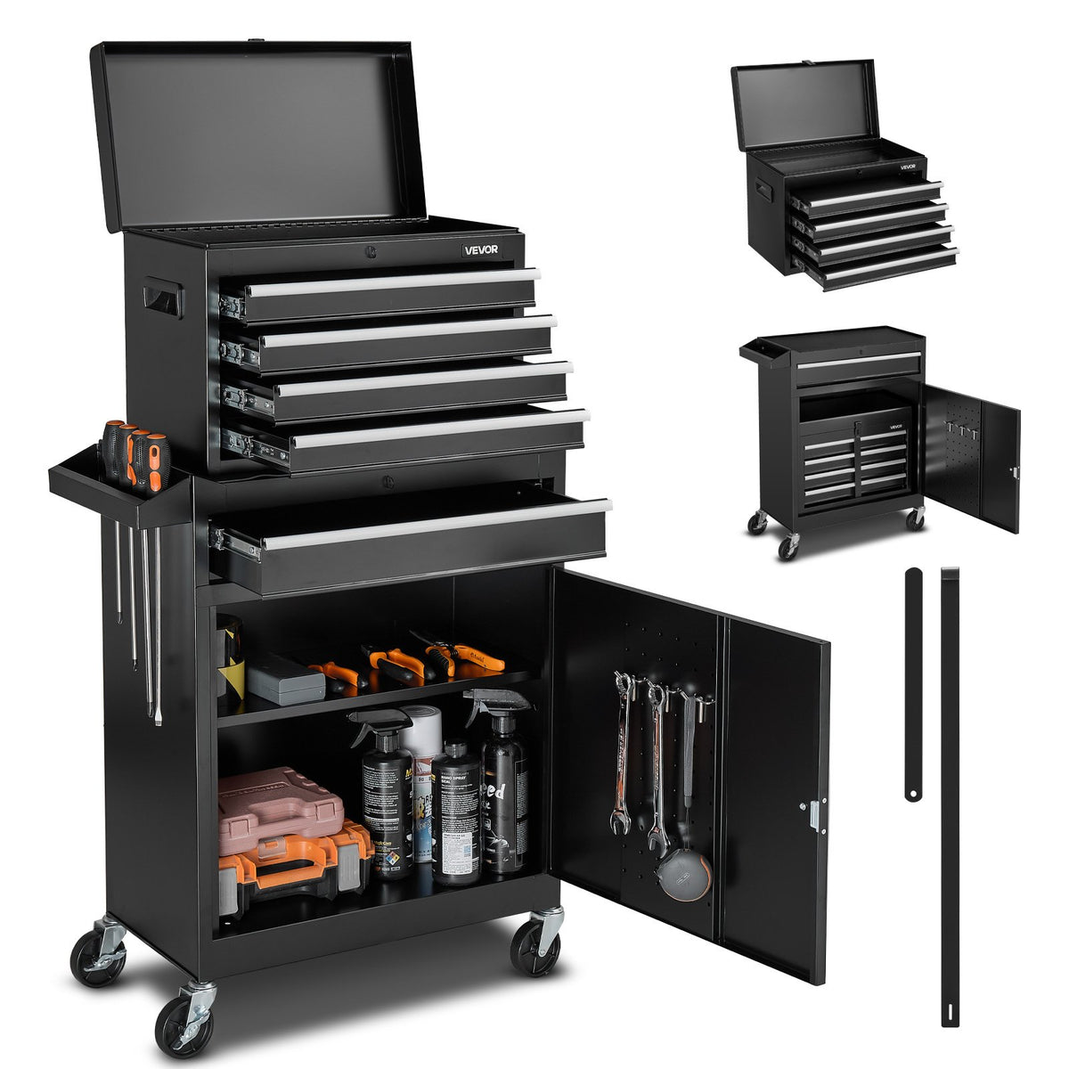 VEVOR Portable Tool Cabinet with 2-in-1 Design, 5 Drawers, Removable Top Metal Chest, Locking Bar, Tool Holder and Organiser, Garage and Workshop Storage Cabinet
