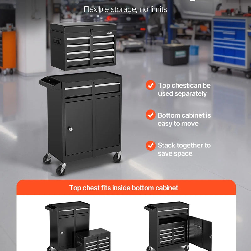 VEVOR pārvietojams instrumentu skapis ar 2 vienā dizainu, 5 atvilktnēm, noņemamu augšējo metāla kārbu, bloķēšanas stieni, aizsargoderi un instrumentu turētāju, garāžas un darbnīcas uzglabāšanas skapis