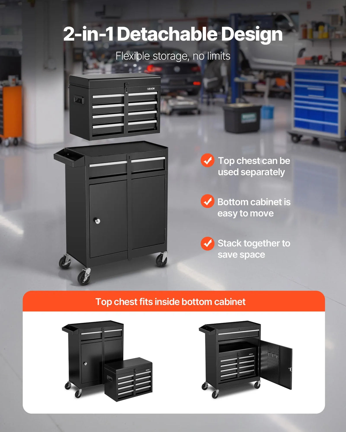 VEVOR Portable Tool Cabinet with 2-in-1 Design, 5 Drawers, Removable Top Metal Chest, Locking Bar, Tool Holder and Organiser, Garage and Workshop Storage Cabinet