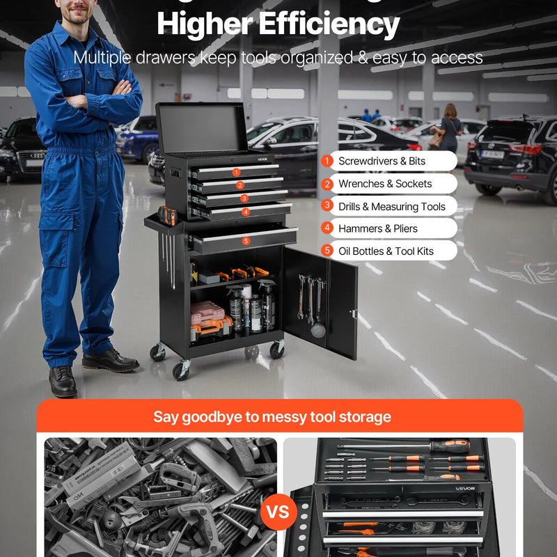 VEVOR pārvietojams instrumentu skapis ar 2 vienā dizainu, 5 atvilktnēm, noņemamu augšējo metāla kārbu, bloķēšanas stieni, aizsargoderi un instrumentu turētāju, garāžas un darbnīcas uzglabāšanas skapis