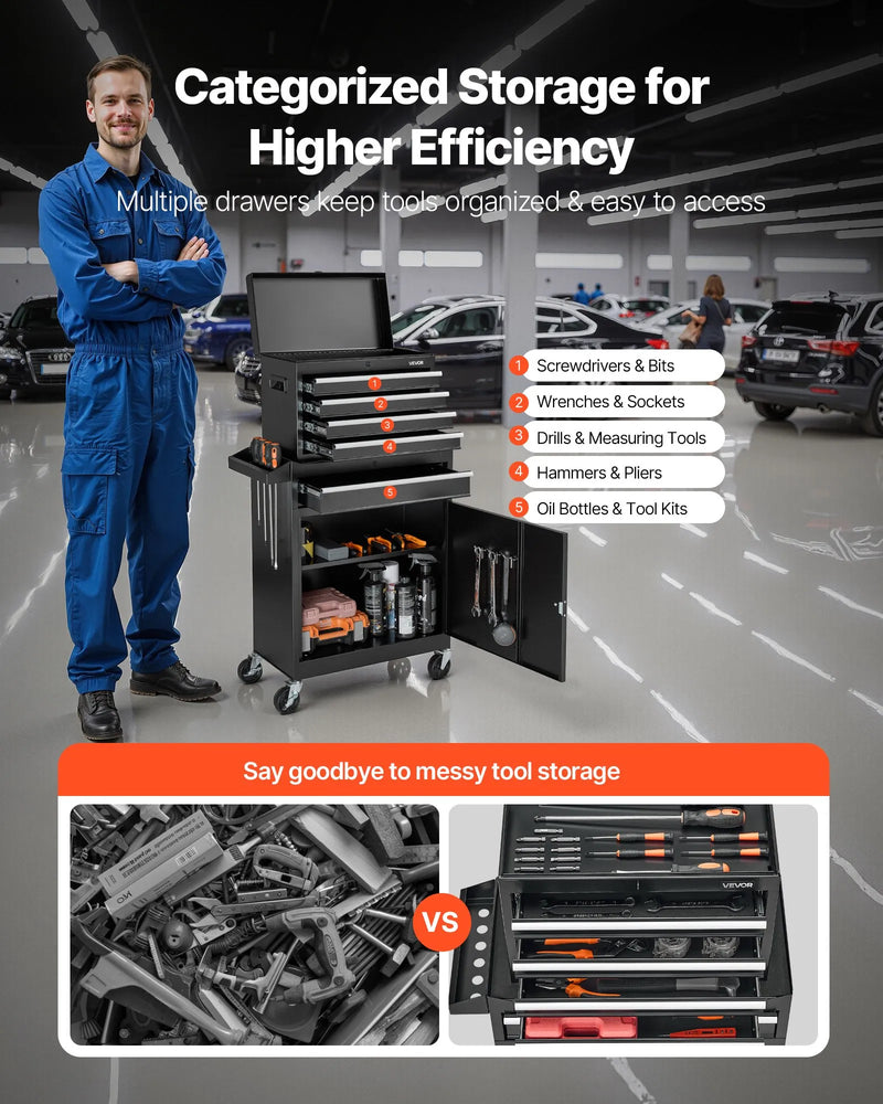 VEVOR pārvietojams instrumentu skapis ar 2 vienā dizainu, 5 atvilktnēm, noņemamu augšējo metāla kārbu, bloķēšanas stieni, aizsargoderi un instrumentu turētāju, garāžas un darbnīcas uzglabāšanas skapis