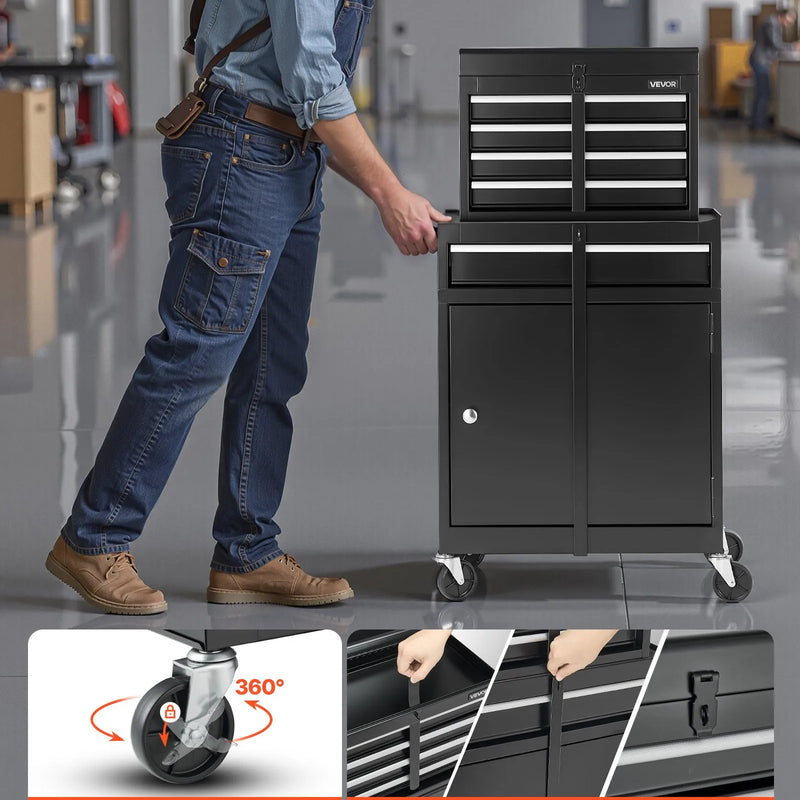 VEVOR pārvietojams instrumentu skapis ar 2 vienā dizainu, 5 atvilktnēm, noņemamu augšējo metāla kārbu, bloķēšanas stieni, aizsargoderi un instrumentu turētāju, garāžas un darbnīcas uzglabāšanas skapis