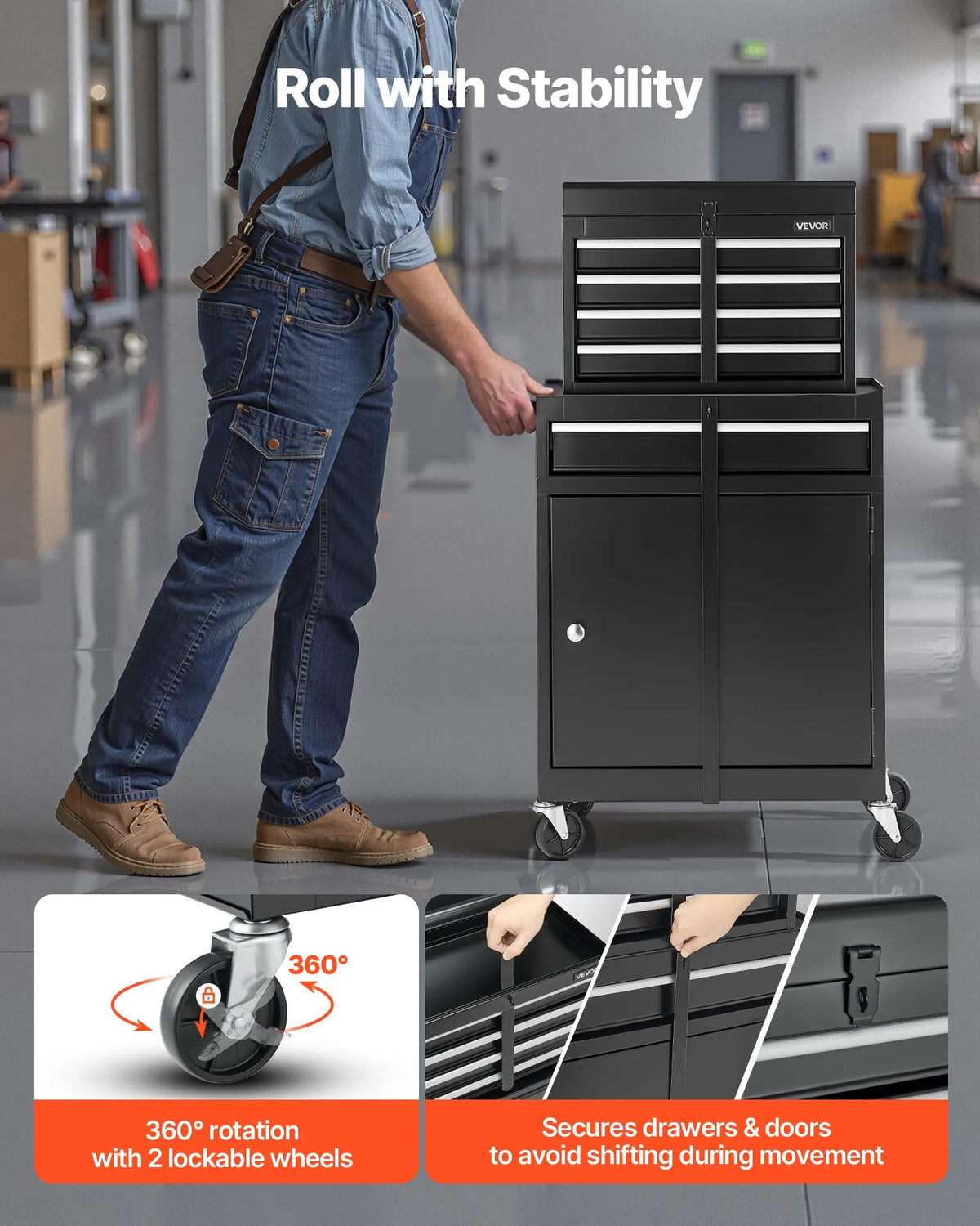 VEVOR Portable Tool Cabinet with 2-in-1 Design, 5 Drawers, Removable Top Metal Chest, Locking Bar, Tool Holder and Organiser, Garage and Workshop Storage Cabinet