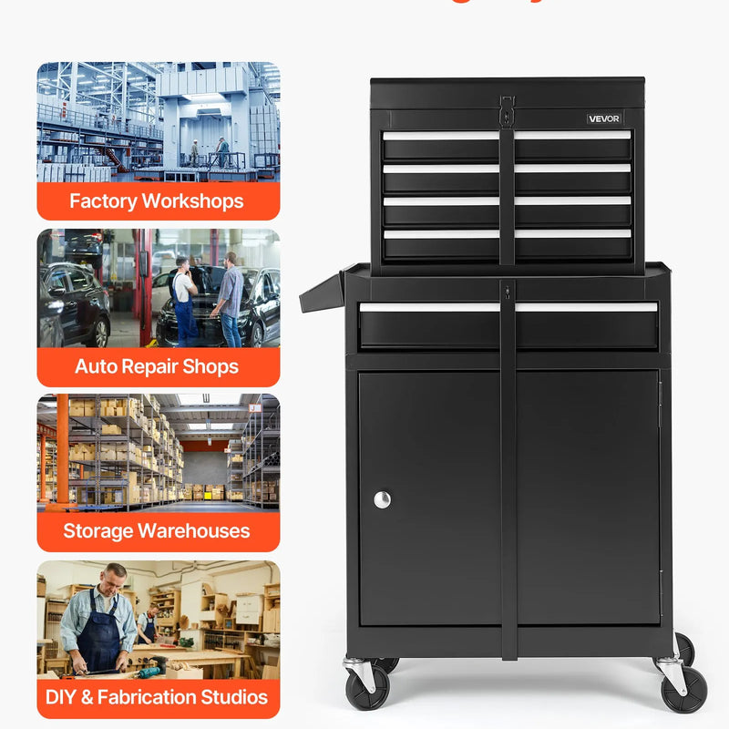 VEVOR pārvietojams instrumentu skapis ar 2 vienā dizainu, 5 atvilktnēm, noņemamu augšējo metāla kārbu, bloķēšanas stieni, aizsargoderi un instrumentu turētāju, garāžas un darbnīcas uzglabāšanas skapis
