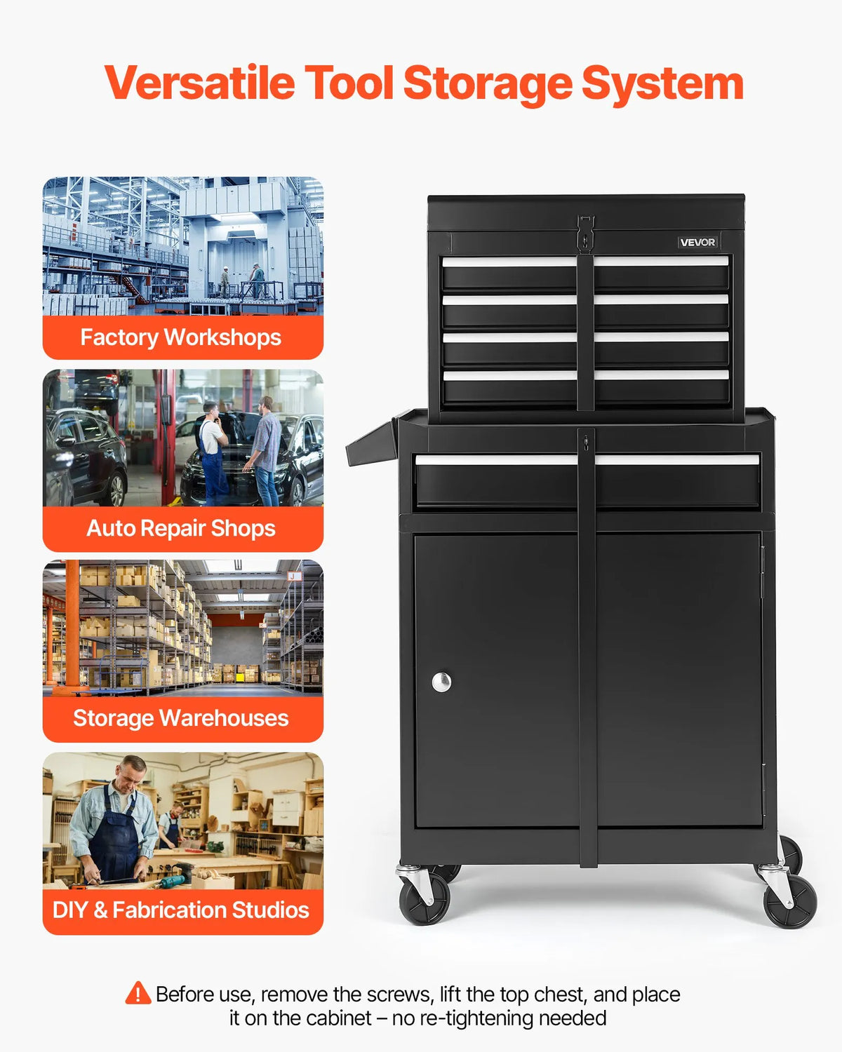 VEVOR Portable Tool Cabinet with 2-in-1 Design, 5 Drawers, Removable Top Metal Chest, Locking Bar, Tool Holder and Organiser, Garage and Workshop Storage Cabinet