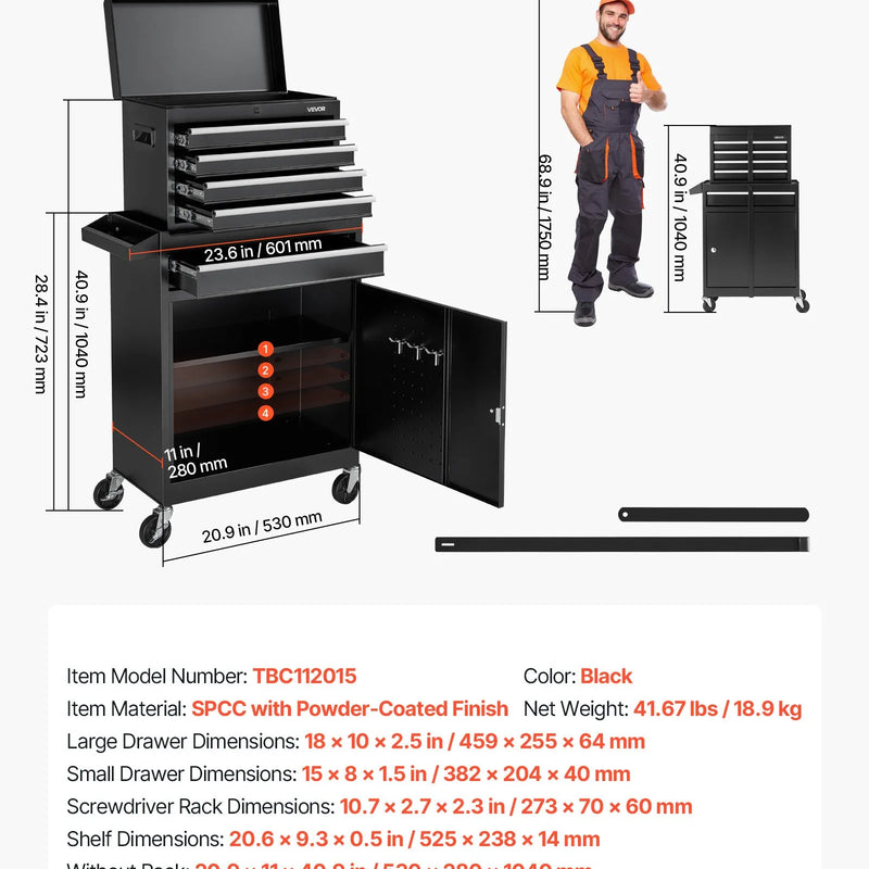 VEVOR pārvietojams instrumentu skapis ar 2 vienā dizainu, 5 atvilktnēm, noņemamu augšējo metāla kārbu, bloķēšanas stieni, aizsargoderi un instrumentu turētāju, garāžas un darbnīcas uzglabāšanas skapis