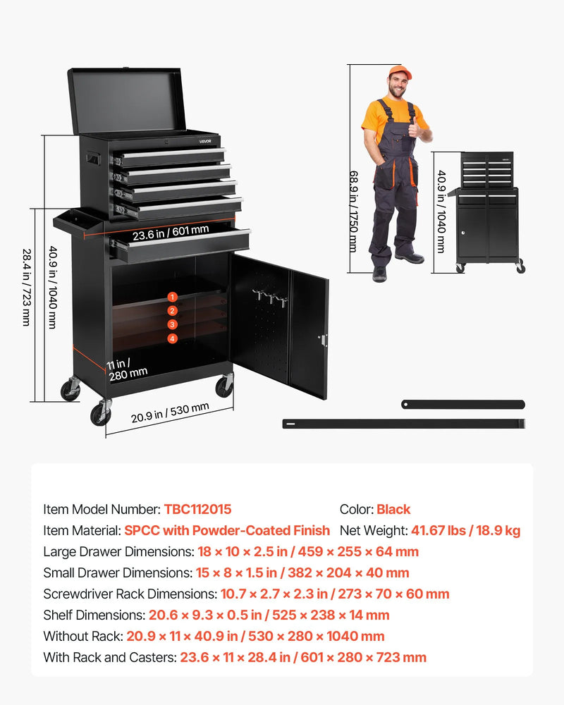 VEVOR pārvietojams instrumentu skapis ar 2 vienā dizainu, 5 atvilktnēm, noņemamu augšējo metāla kārbu, bloķēšanas stieni, aizsargoderi un instrumentu turētāju, garāžas un darbnīcas uzglabāšanas skapis