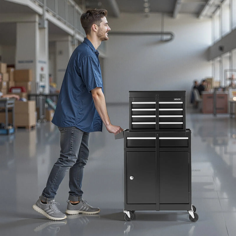 VEVOR pārvietojams instrumentu skapis ar 2 vienā dizainu, 5 atvilktnēm, noņemamu augšējo metāla kārbu, bloķēšanas stieni, aizsargoderi un instrumentu turētāju, garāžas un darbnīcas uzglabāšanas skapis