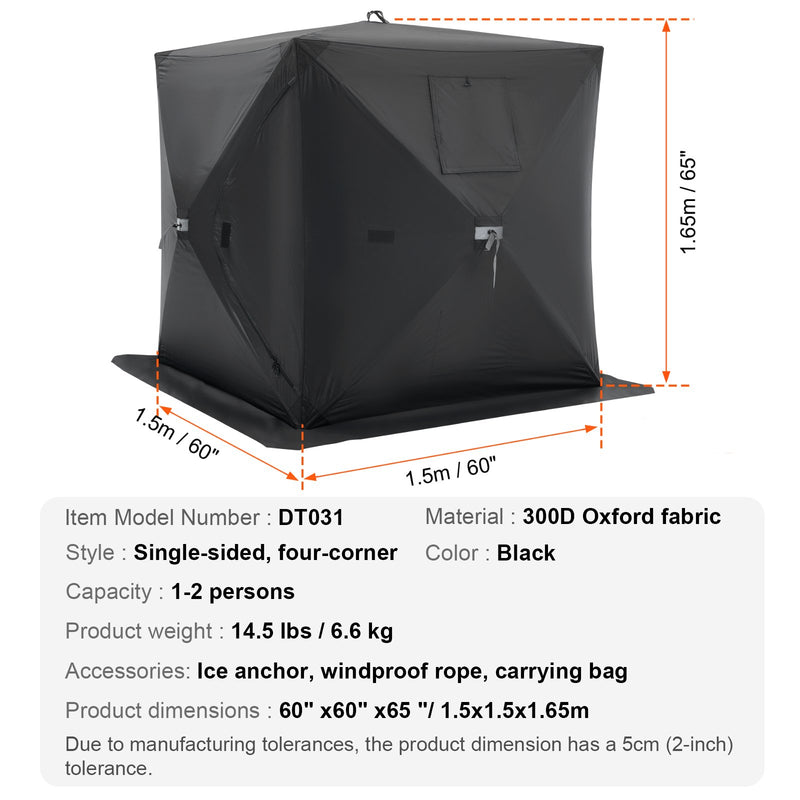 VEVOR  1.5x1.5x1.65 m 1-2 personu zemledus makšķerēšanas telts ar noņemamu ventilācijas logu un pārnēsāšanas somu, melna