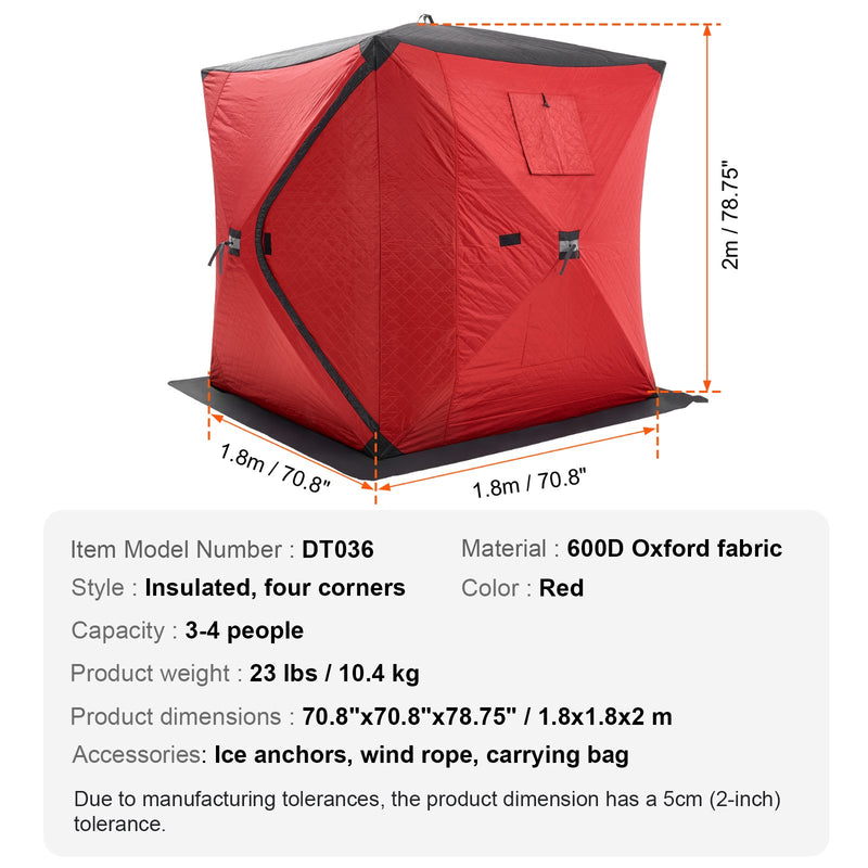 VEVOR  1.8x1.8x2 m 3-4 personu zemledus makšķerēšanas telts ar noņemamu ventilācijas logu un pārnēsāšanas somu, melna/sarkana