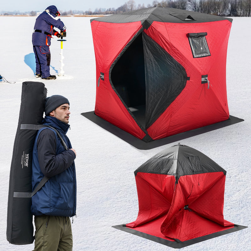 VEVOR  1.8x1.8x2 m 3-4 personu zemledus makšķerēšanas telts ar noņemamu ventilācijas logu un pārnēsāšanas somu, melna/sarkana
