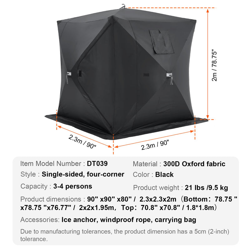 VEVOR  2.3x2.3x2 m 3-4 personu zemledus makšķerēšanas telts ar noņemamu ventilācijas logu un pārnēsāšanas somu, melna