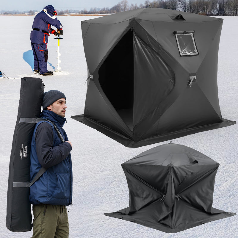VEVOR  2.3x2.3x2 m 3-4 personu zemledus makšķerēšanas telts ar noņemamu ventilācijas logu un pārnēsāšanas somu, melna